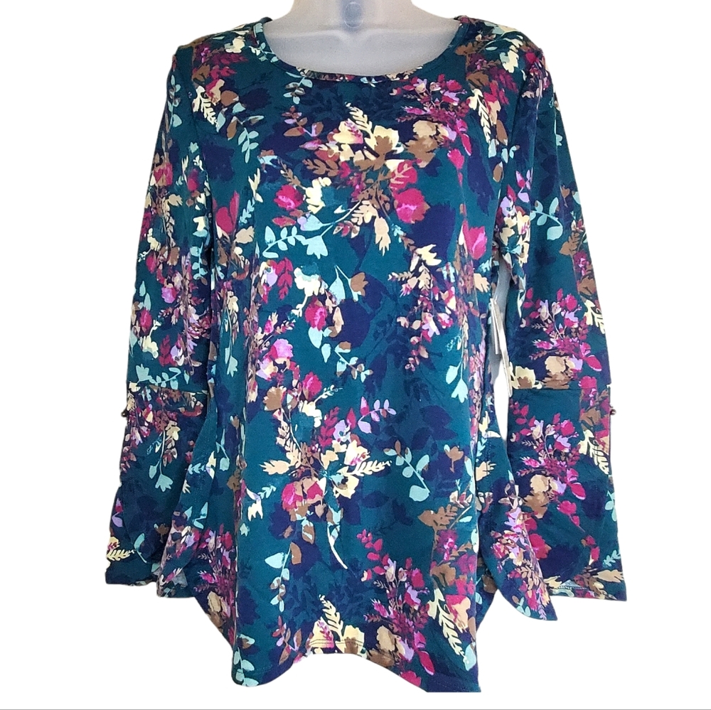 Crochet Floral Dark Green Long Sleeve Top Medium